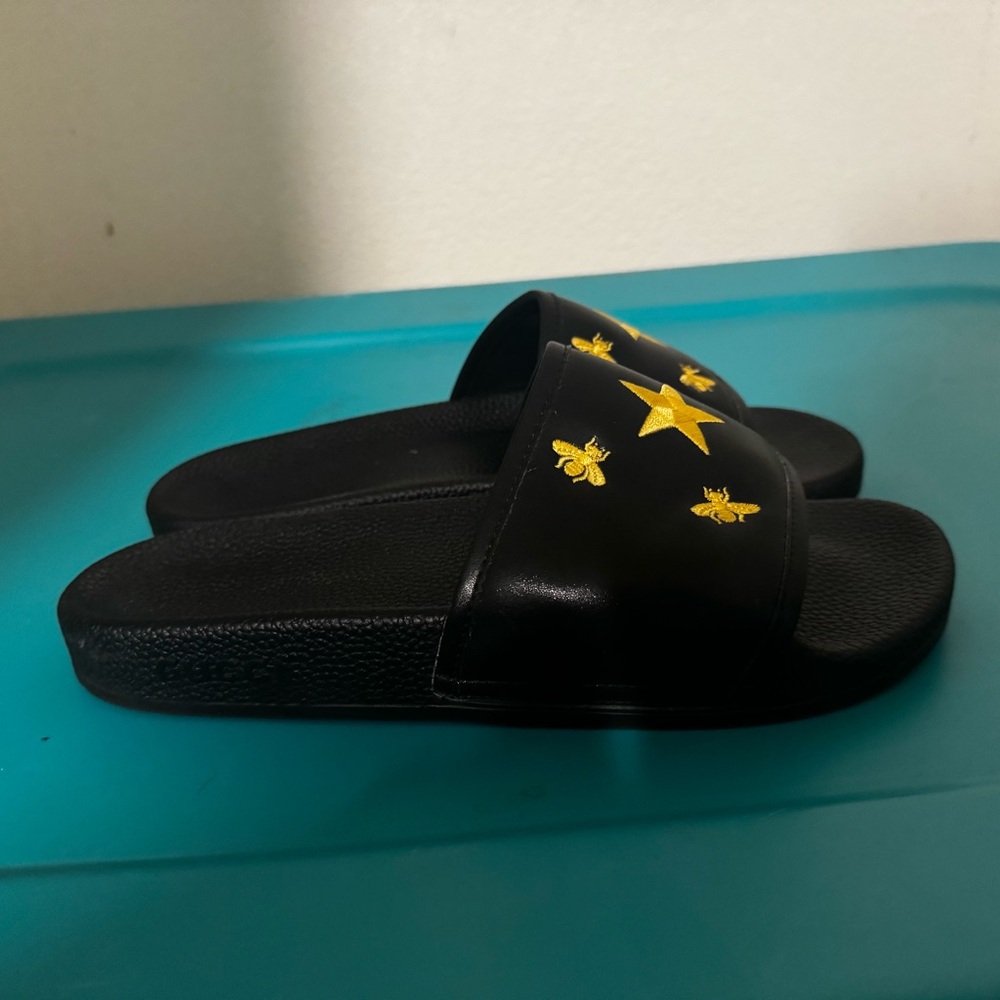 Gucci Black Slides with Gold Embroidery